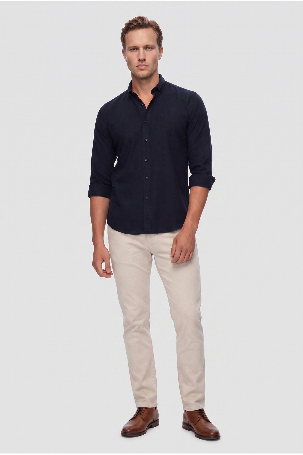 D'S Damat Ds Damat Slim Fit Lacivert Düğmeli Yaka %100 Pamuk Yazlık Flamlı Keten Görünümlü Gömlek görsel 4