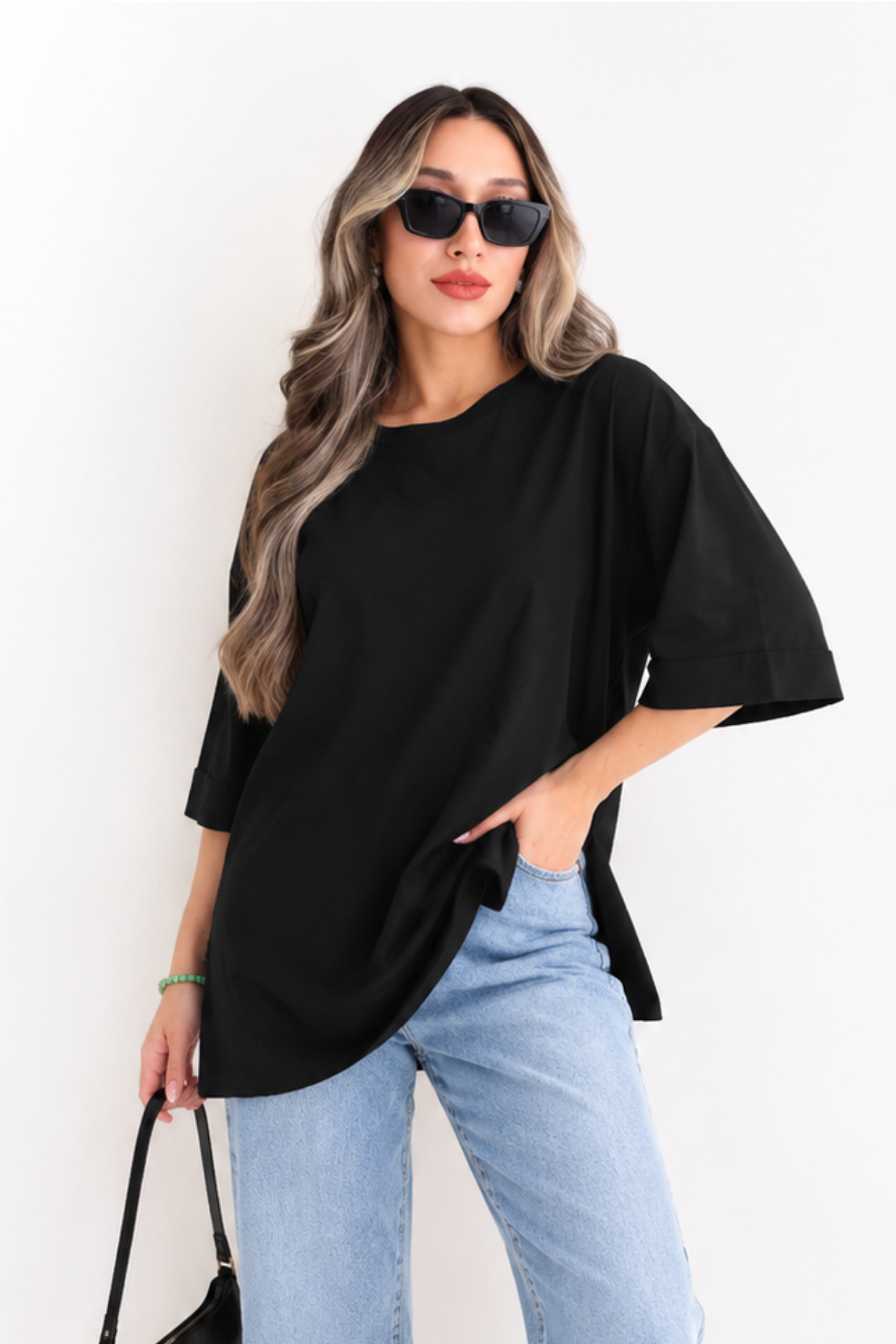 MOVİMENT Siyah Oversize Duble Kol Yandan Yırtmaçlı Uzun T-Shirt | Pamuklu Basic Bisiklet Yaka Süprem Kumaş Günlük Rahat Tişört | Standart Beden Tüm Sezon
