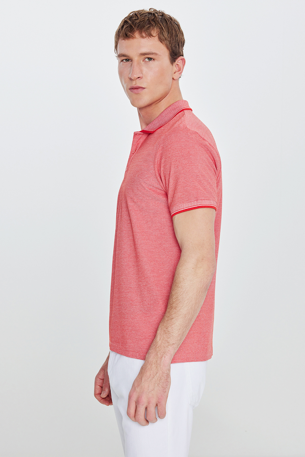 AC&Co / Altınyıldız Classics Erkek Çekmeyen Pamuklu Kumaş Slim Fit Dar Kesim Narçiçeği-Beyaz Kıvrılmaz Polo Yaka Tişört görsel 8