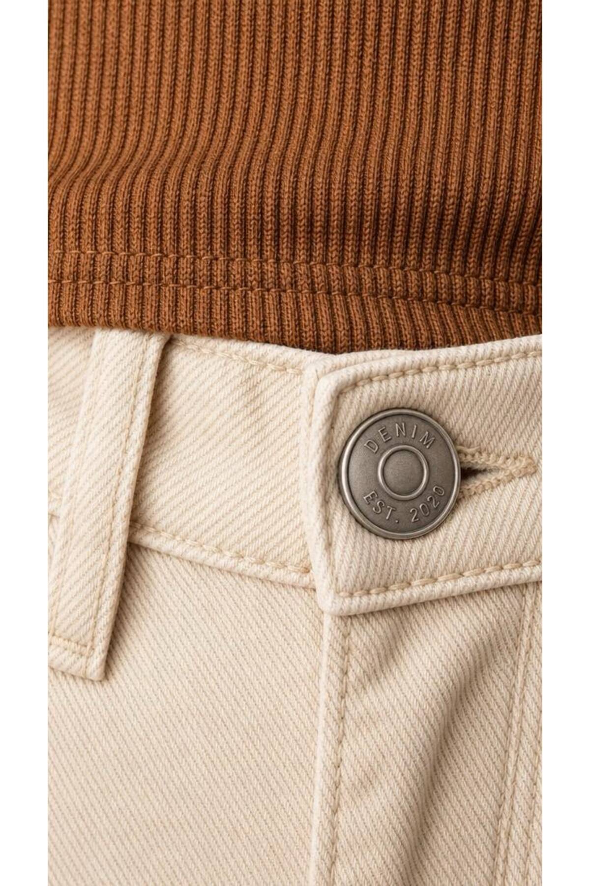 comfort jeans Milano Bej Yüksek Bel Yumuşak Dokunuşlu Likralı Rahat Kesim Mom Jean Kot Pantolon görsel 5