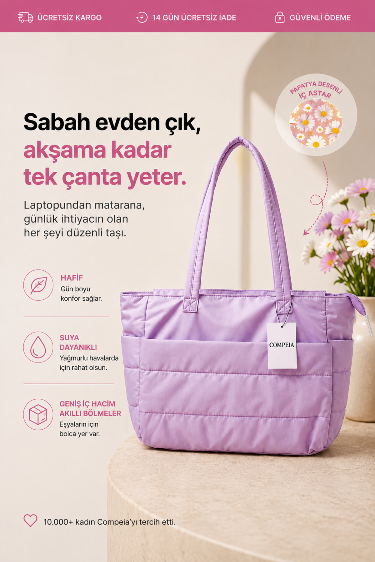 Compeia Kadın Lavanta Puffy Tote Bag Kabarık Kapitone Omuz Çantası Çok Bölmeli Günlük Seyahat ve El Çantası