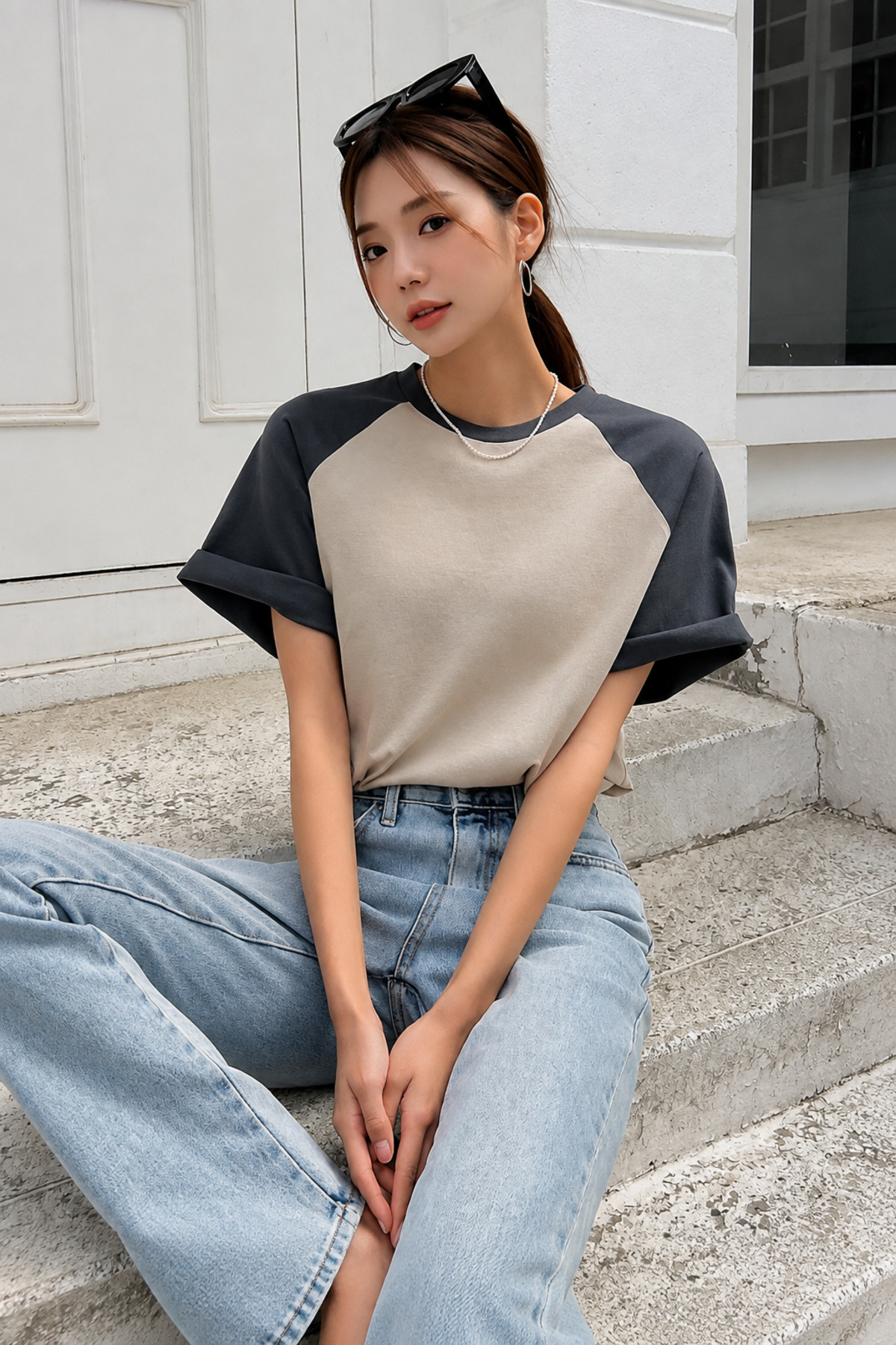 DUBU BUTİK Bej Gövde Füme Reglan Kol T-Shirt - Oversize Bisiklet Yaka Kısa Kol Tişört görsel 4