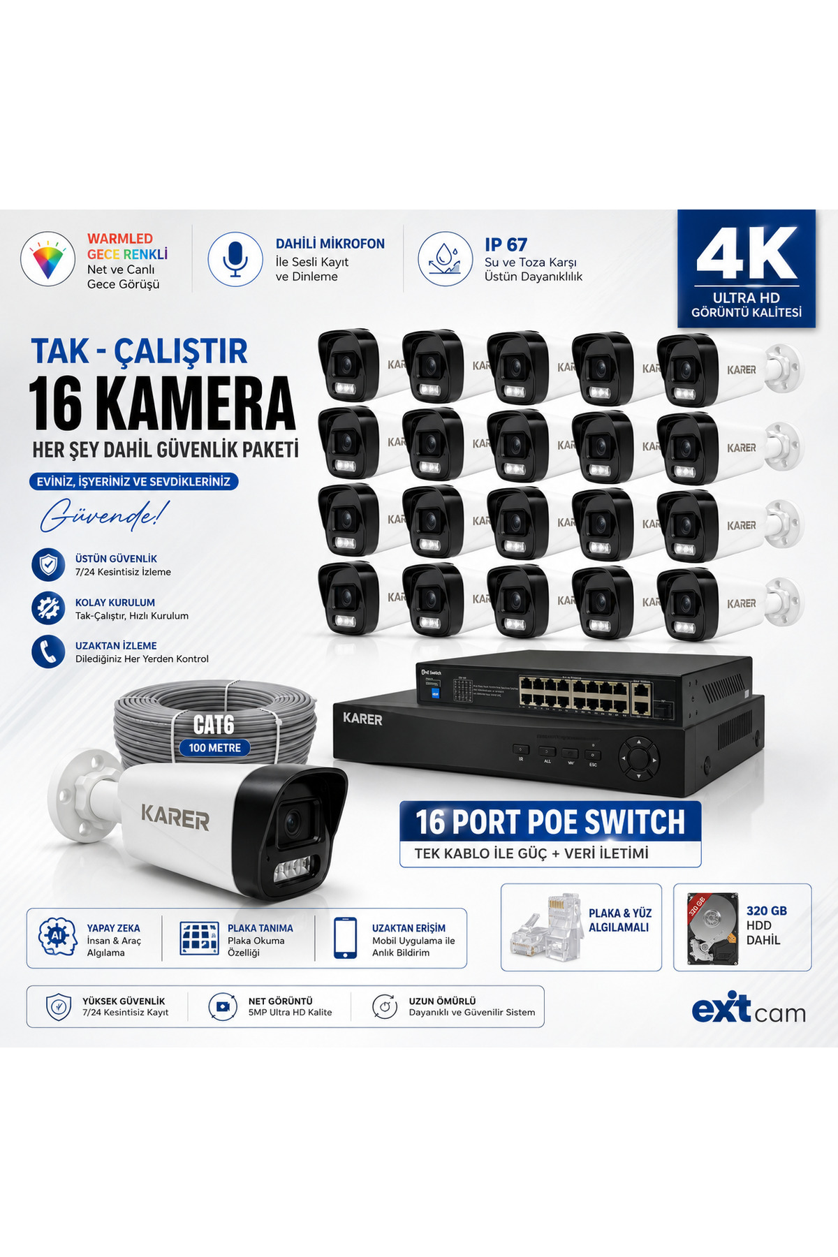 16'lı IP KAMERA-POELİ-5MP-ULTRA HD-4K 1920 ÇÖZÜNÜRLÜK-SESLİ-GECE RENKLİ GÖRÜŞ-İNSAN ve PLAKA ALGILAM