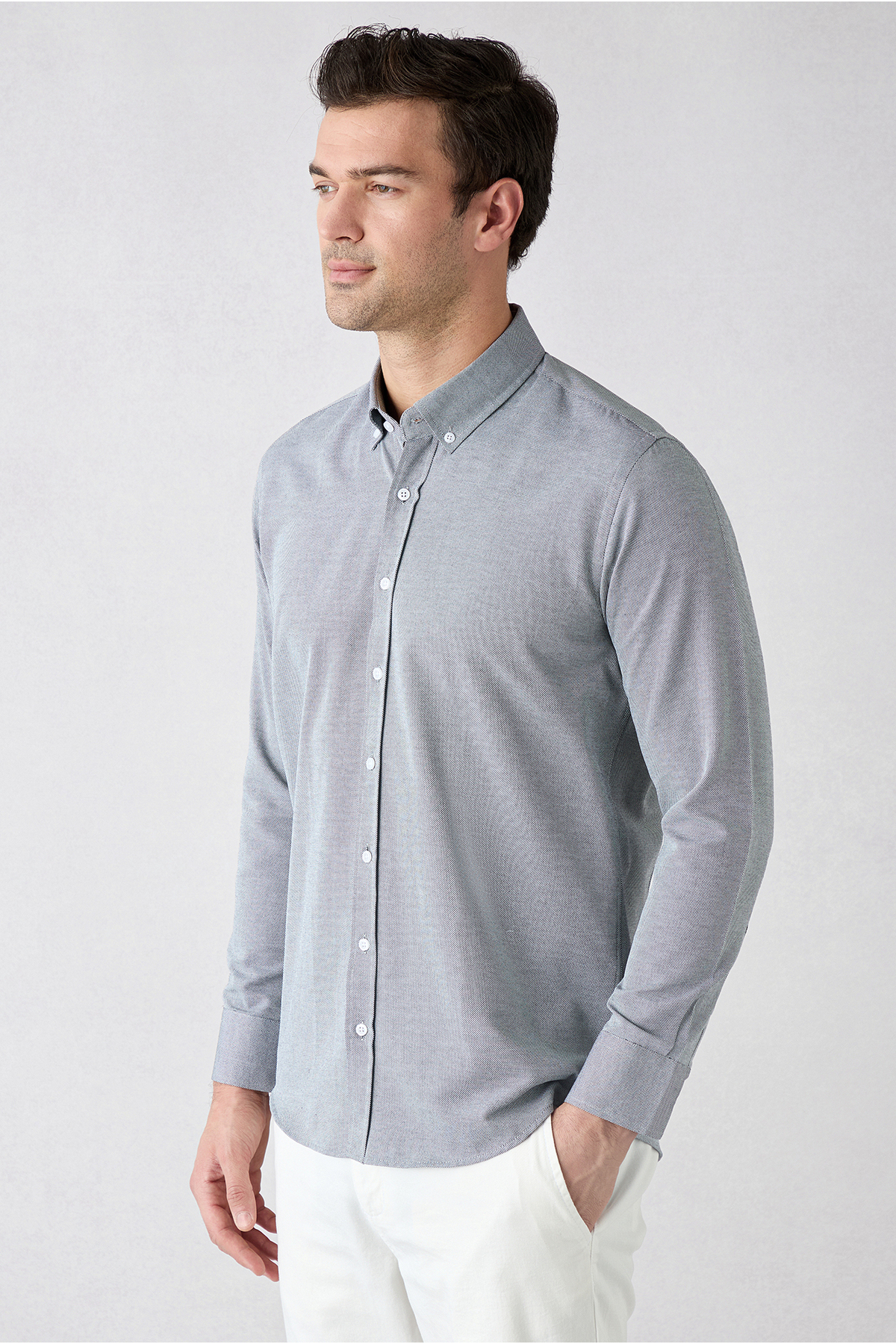 Uzun Kol Slim Fit Düğmeli Yaka Pamuklu Kolay Ütülenebilir 4 Mevsim Oxford Gömlek — خاکستری KSSZ4UE0ET003 — تصویر 2 از 7
