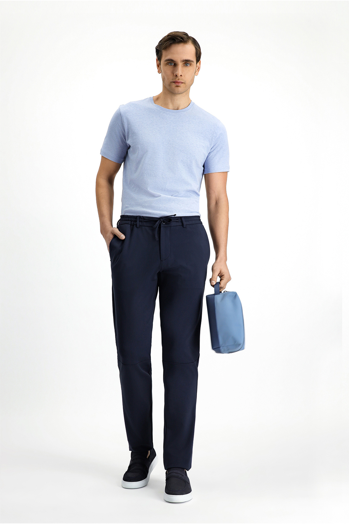 Techno-Line 7 Drop Super Slim Fit Eksra Dar Kesim Likralı Beli Lastikli İpli Klasik Kumaş Pantolon — سرمه‌ای KSSZ3H79DZ003 — تصویر 4 از 7