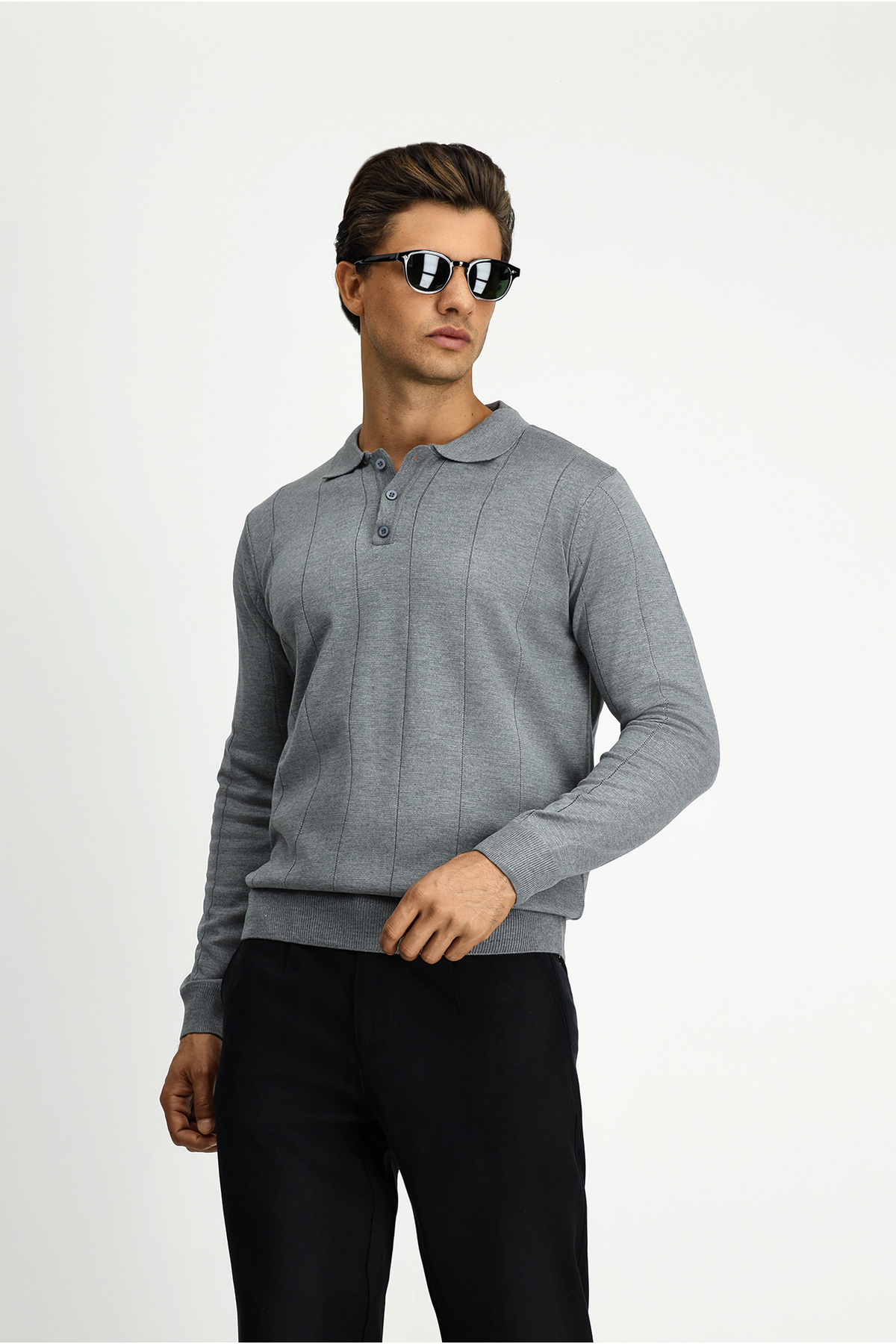 Kiğılı Polo Yaka Düğmeli Regular Fit Çizgili Triko Kazak
