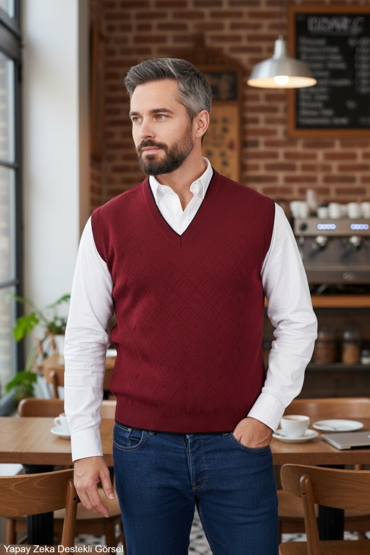 Erkek Bordo Tüylenme Yapmayan Anti Pilling Kumaş Standart Fit Normal Kesim V Yaka Triko Süveter
