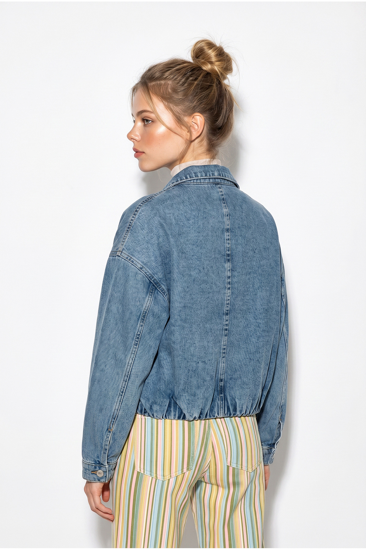 Bianco Lucci Kadın Buz Mavisi Fermuarlı Kemer Detaylı Oversize Denim Ceket 3667 60286206 görsel 6