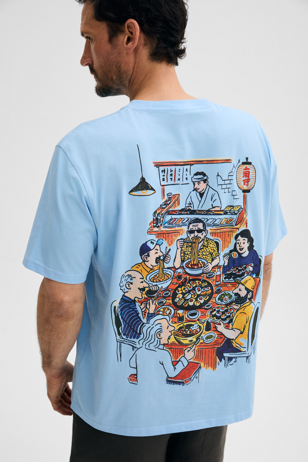 GRIMELANGE Giganest men's 100% organic cotton print detailed round neck blue t-shirt