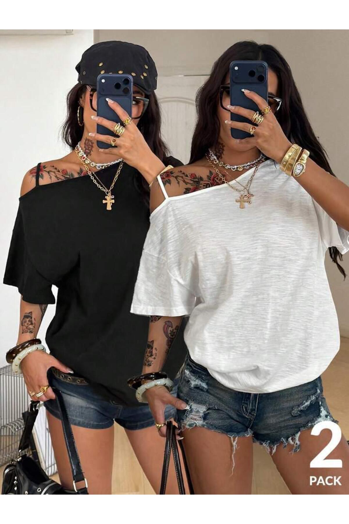 Machetta  Kadın İp Detay Kayık Yaka 2'li Oversize %100 Pamuk T-shirt