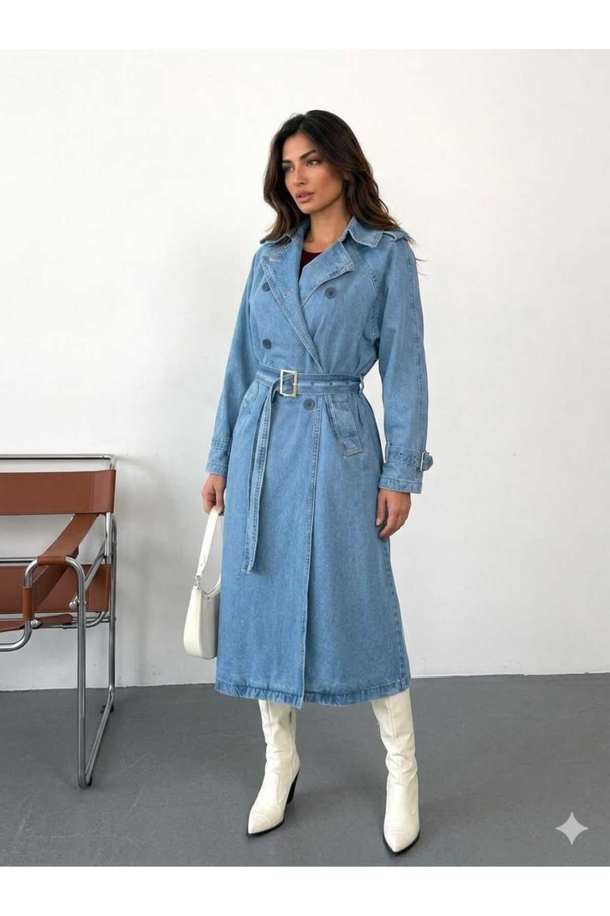 Ucajean UCA JEANS Kadın Mavi Denim Trençkot Uzun Kemerli Oversize Ceket