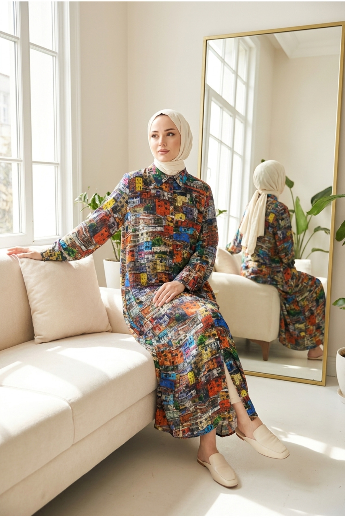 Women's Bohemian Patterned Judge Neck Buttoned Hijab Shirt Dress