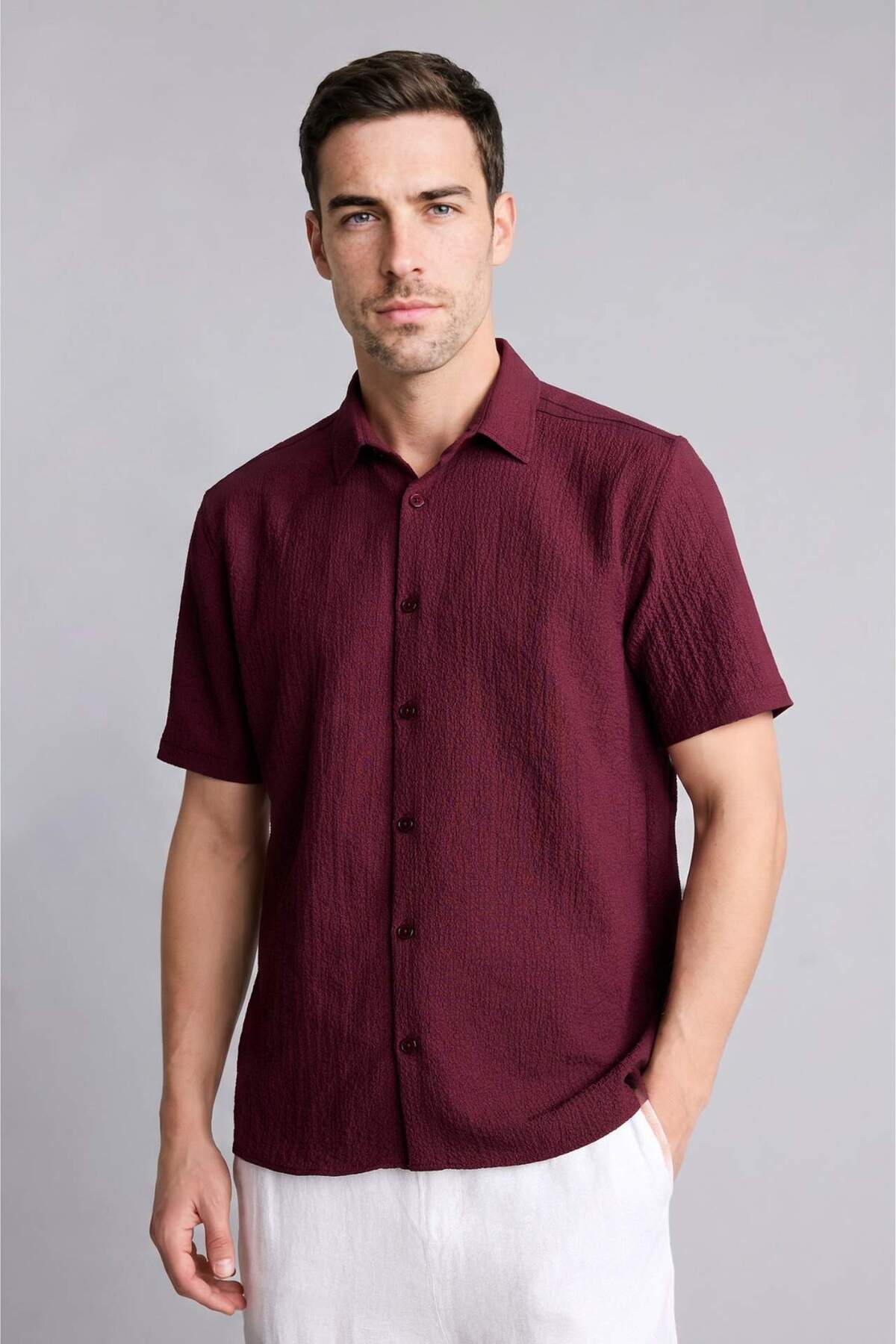 DeFacto Regular Fit Polo Yaka Krinkıl Kısa Kollu Gömlek E1223AX26SM — زرشکی
