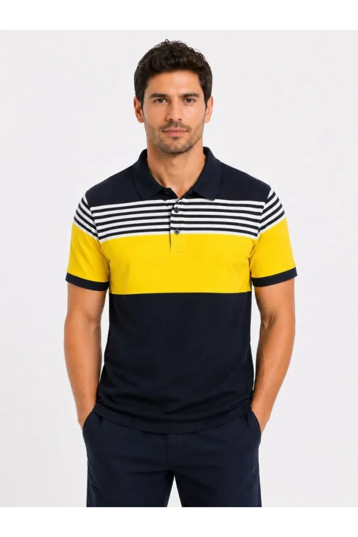 Erkek Pike Kumaş Çizgili Polo Yaka Tişört Kısa Kol Yazlık T-Shirt - Lacivert