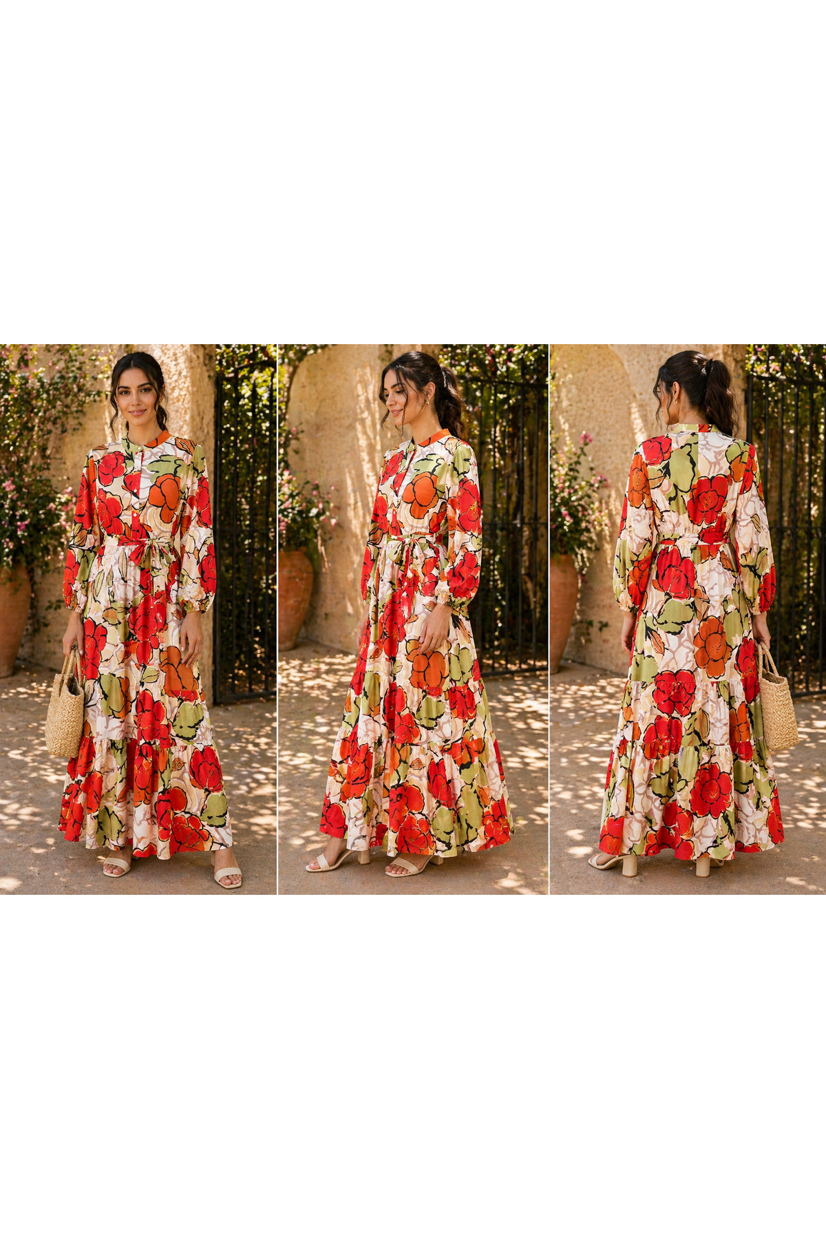LINELLE Cream & Red Bold Floral Tiered Casual Dress