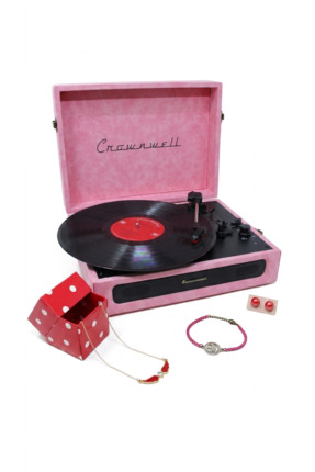 pazard Bluetoothlu Retro Taşınabilir Pikap-Pembe & 3 Parça Takı Seti - Unutul...