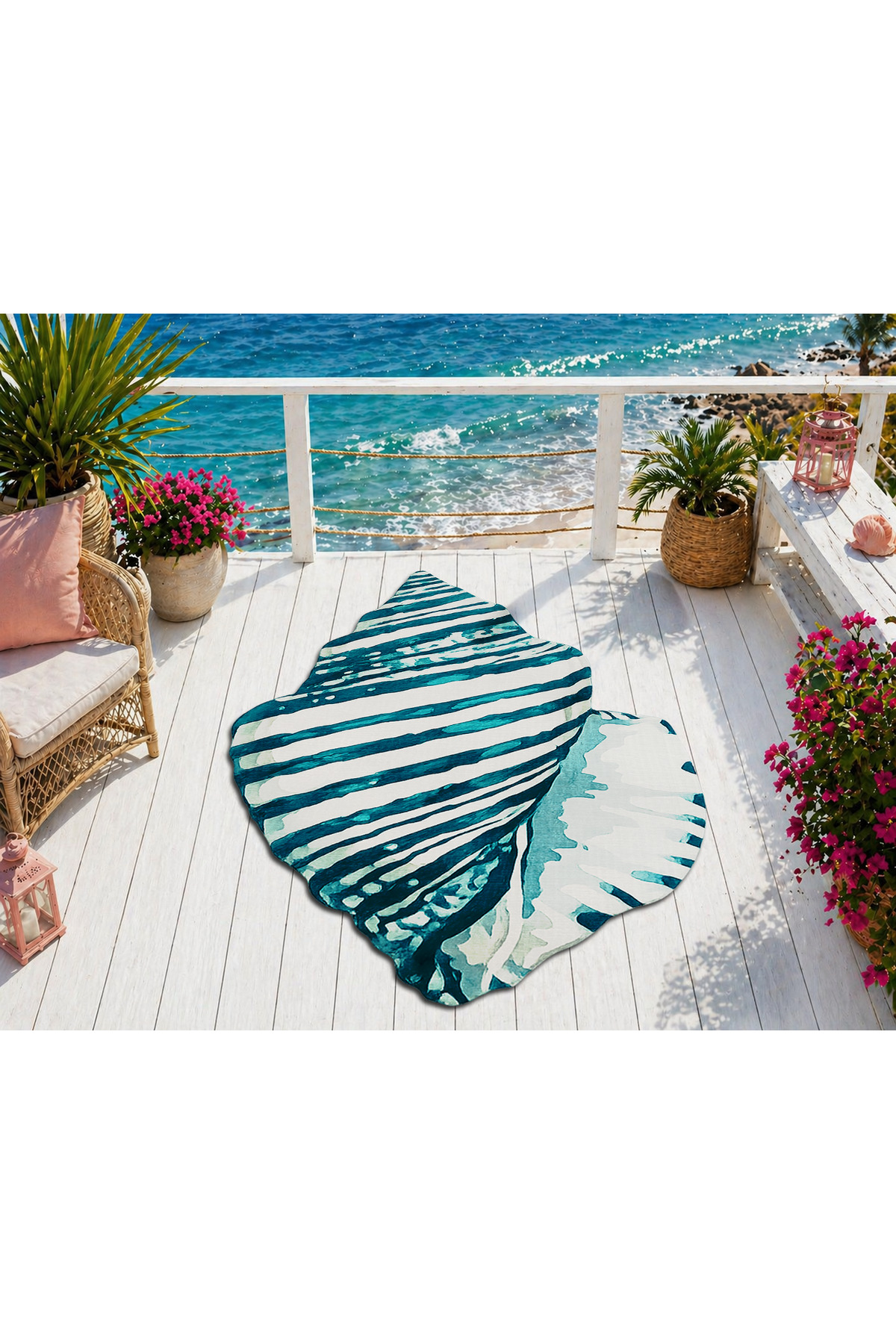 SDT Turquoise Seashell Patterned Modern Woven Sole Decorative Carpet sdt937