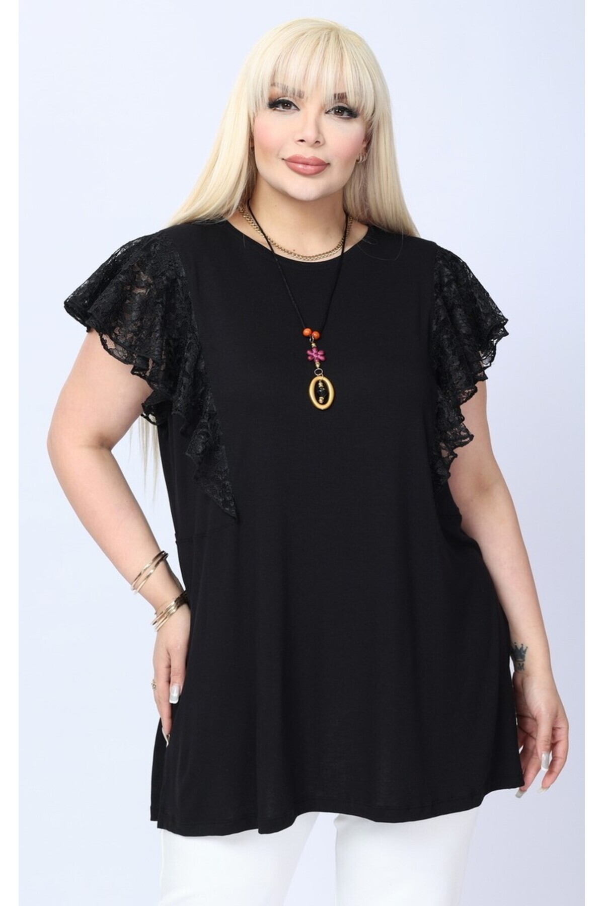 Kheos dantel kollu sıfır yaka kolyelı yırtmaclı büyük beden tunik görsel 2