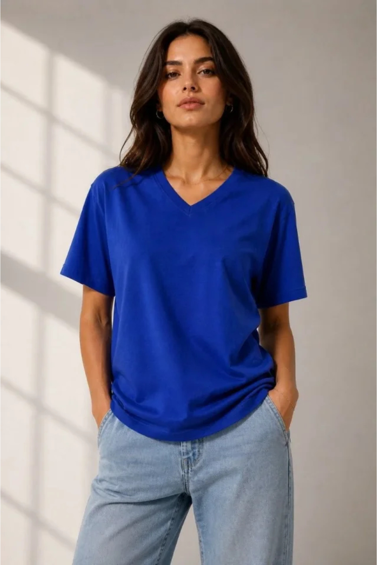 V Yaka Basic Tişört Kısa Kol Yazlık Regular Fit T-Shirt - Saks Mavisi alternatif görünüm