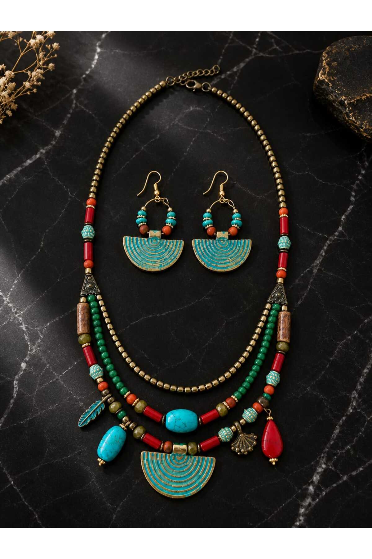 Fan Authentic Handmade Ethnic Bohemian Women Necklace Earrings Set