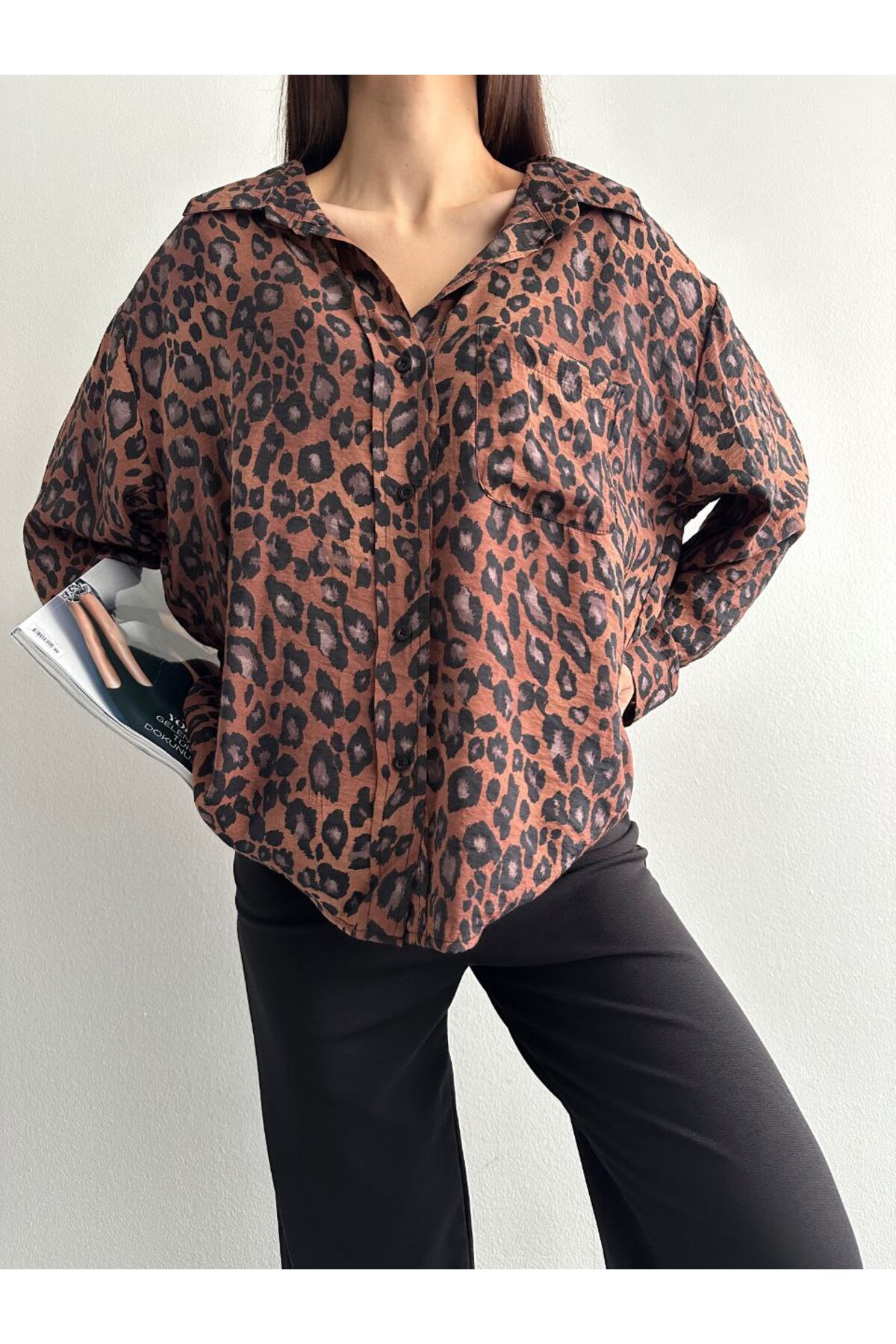 franky B Kadın Leopar Desenli Oversize Gömlek görsel 5