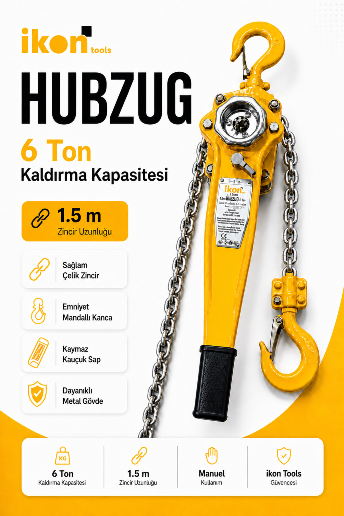 İkon Tools 6 Ton 1.5 m Hubzug Zincirli Çektirme Manuel Kaldırma