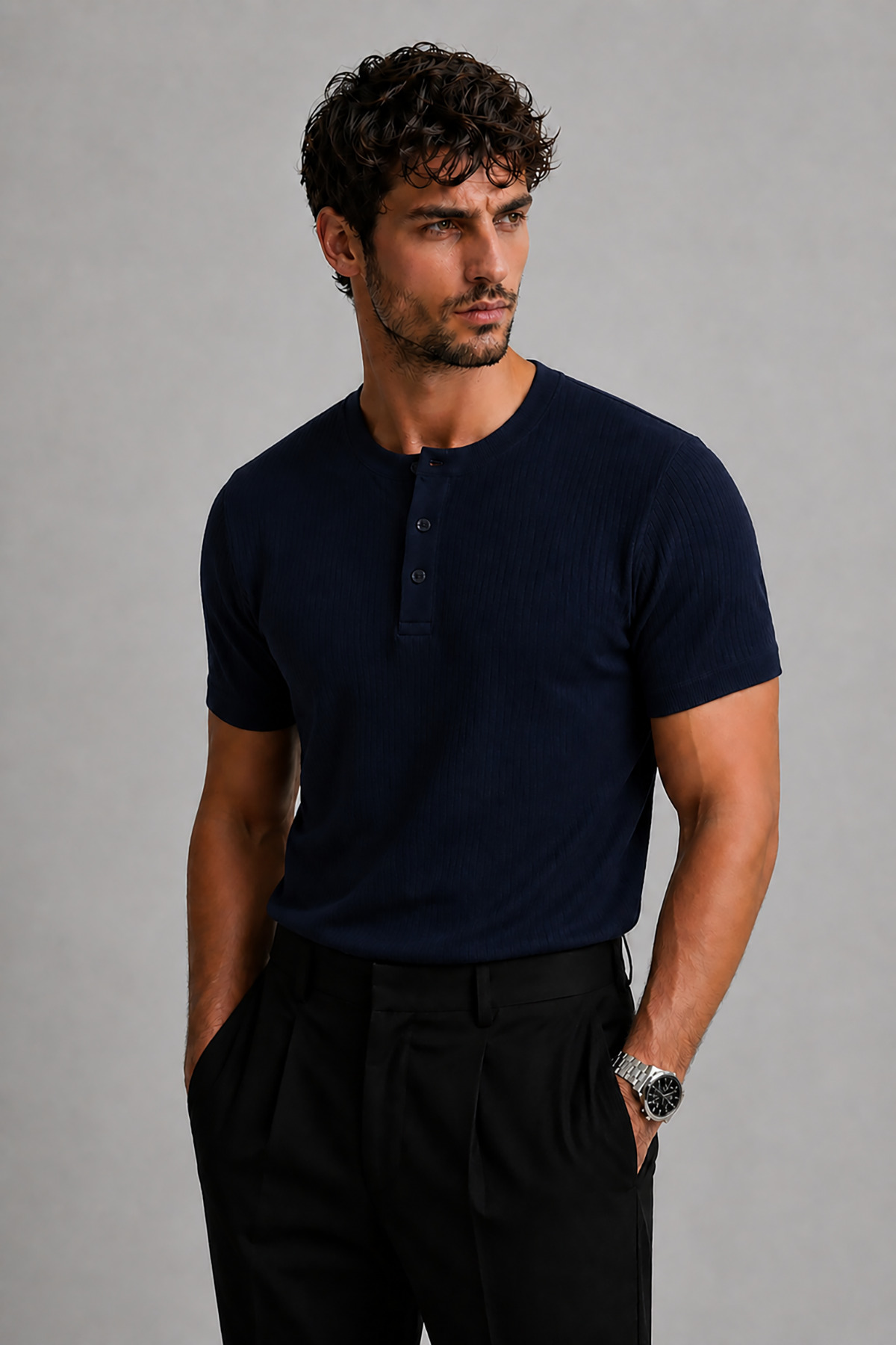 Men's Navy Blue Henley Neck Short Sleeve Premium Cotton Ribbed T-Shirt