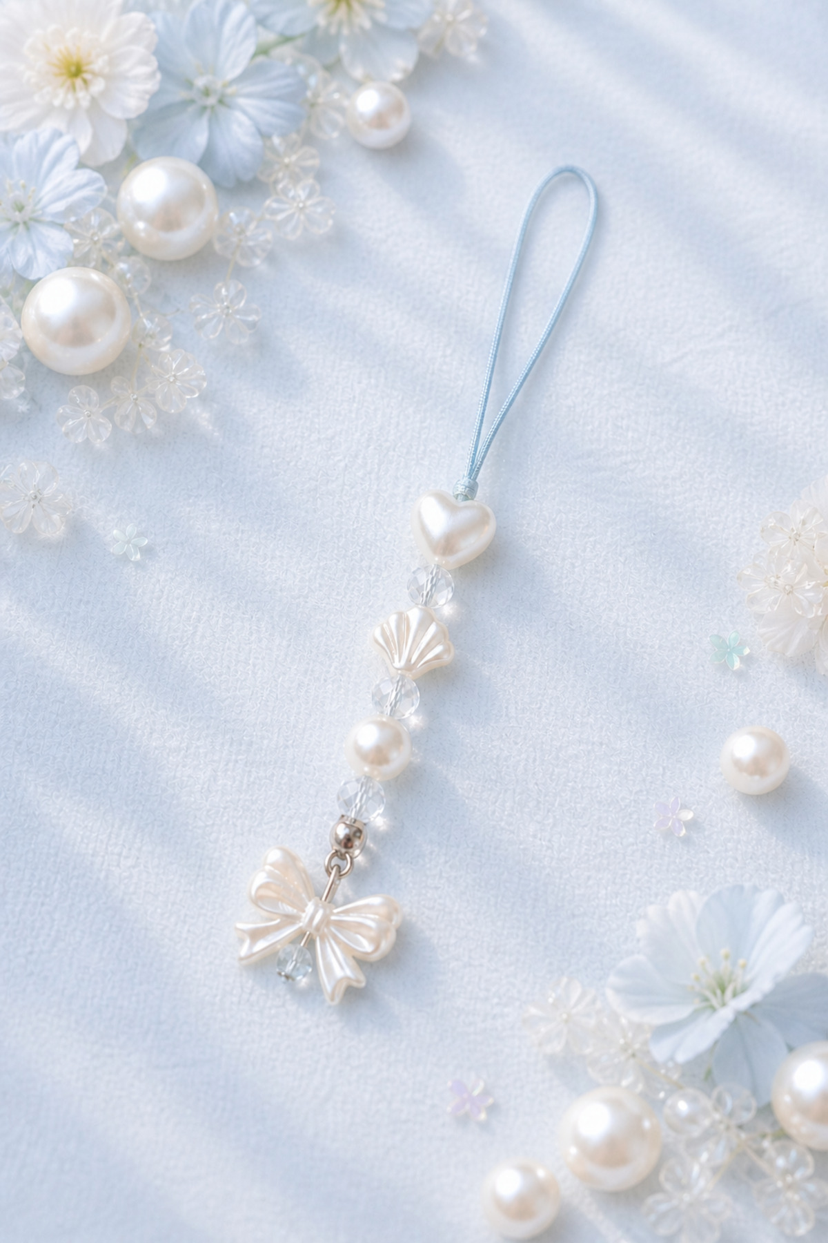 Y2K Pearl & Bow Detailed Phone Charm | Camera · Thermos · Bag Compatible | Stylish Handmade Accessory
