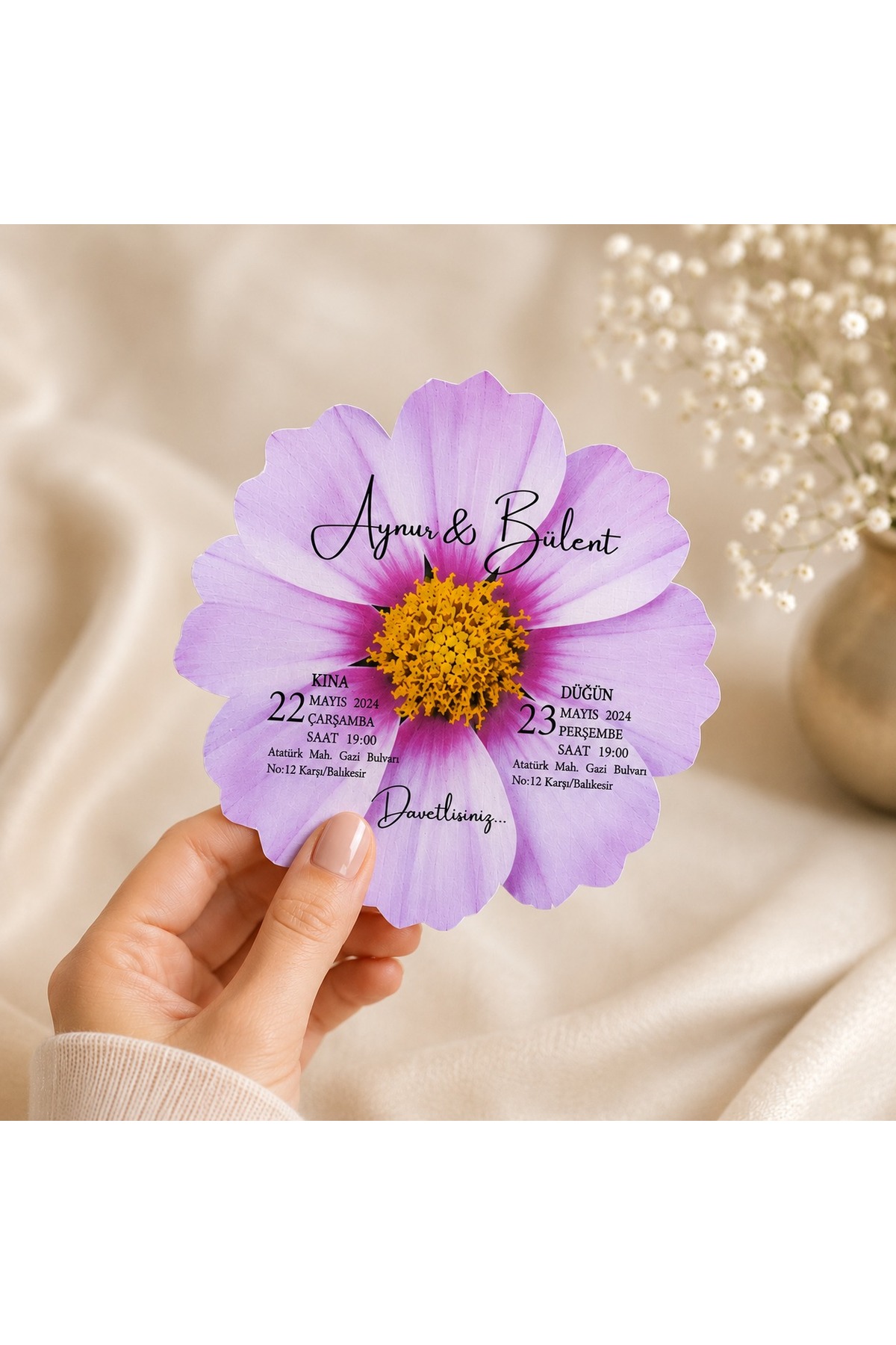 Çiçek Kesim Premium Davetiye 50’li Set | Baskı Dahil Düğün Nişan Nikah Davetiyesi