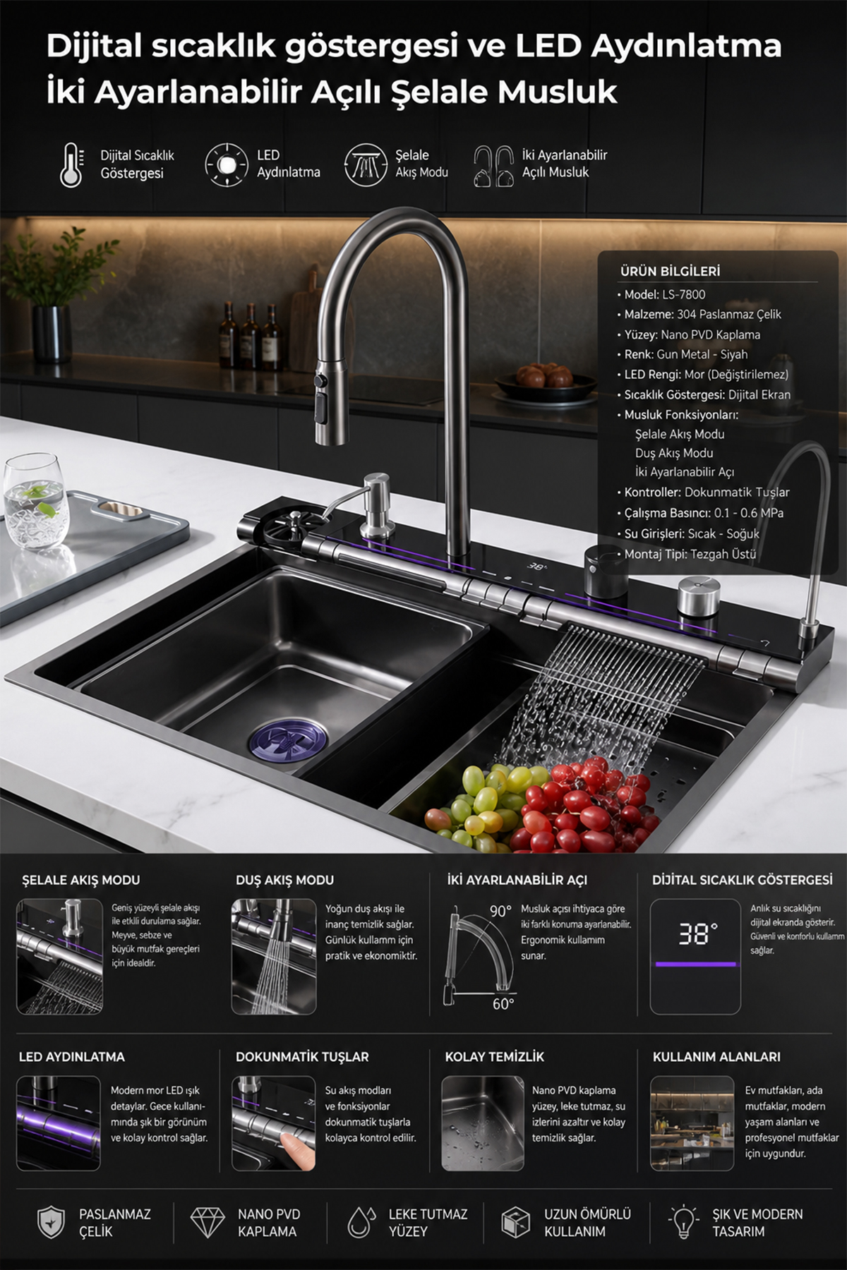 ROBO Dijital Akıllı Eviye 2026 Yeni Model Ambiyans Işıklı 75x46 cm - Fiyatı, Yorumları