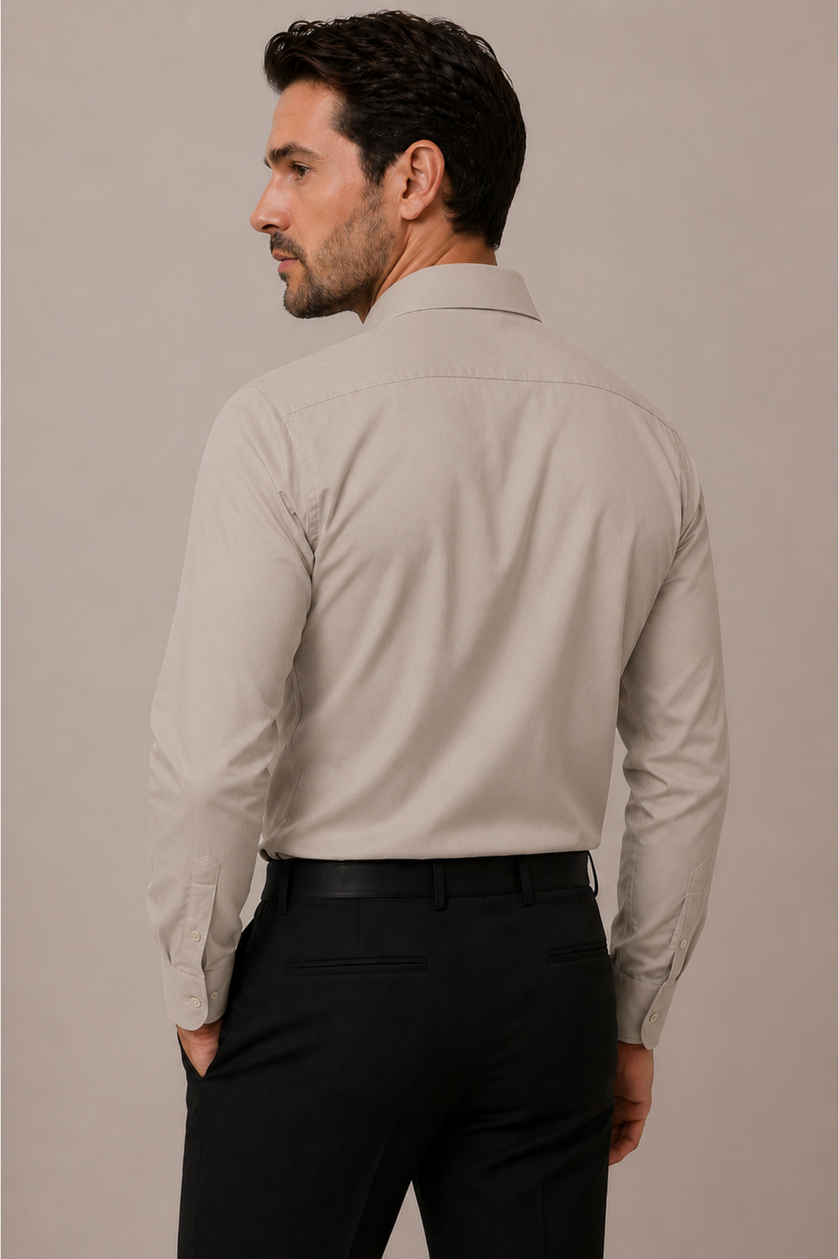 Slim Fit Uzun Kollu Kolay Ütü Teri Emen Nefes Alan Doku Kravatlık Dört Mevsim Erkek Gömlek — قهوه‌ای ZKV-5000 — تصویر 2 از 3