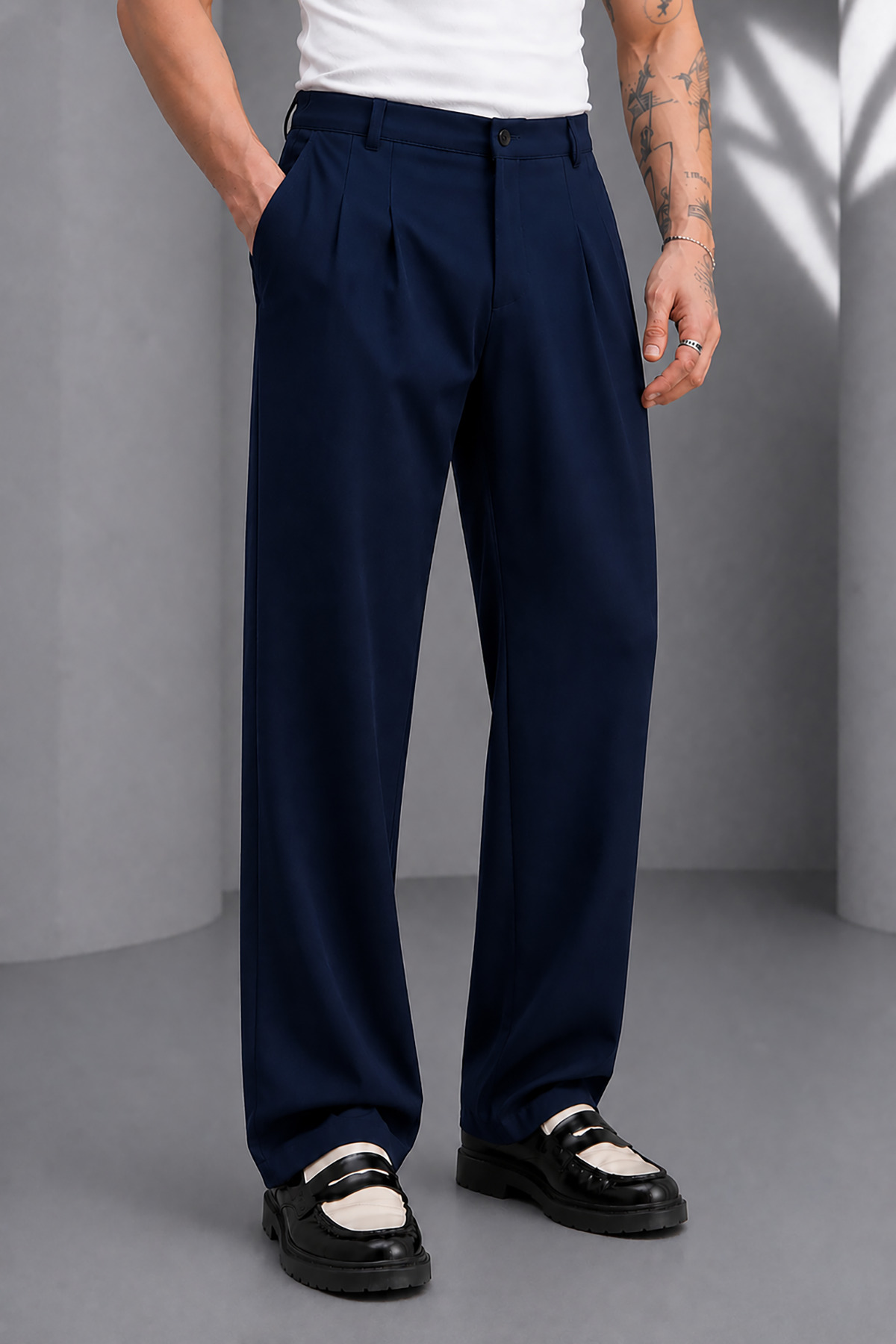 Men's Navy Blue ZRA Model Pleated Wide Leg Fabric Pants Oversized Comfortable Cut