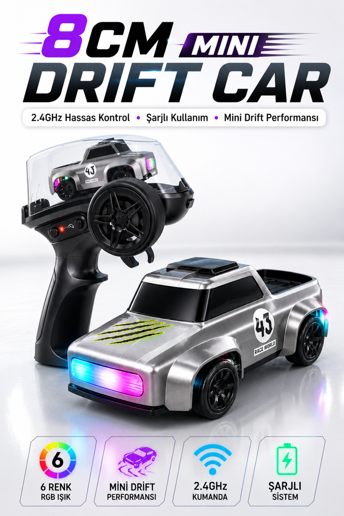 YILDIRIM OYUNCAK Mini RC Drift Arabası 8cm - 2.4GHz Uzaktan