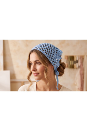 lunera Mavi Pullu El Örgüsü Bandana %100 Pamuk Saç Bandanası 55x20 cm