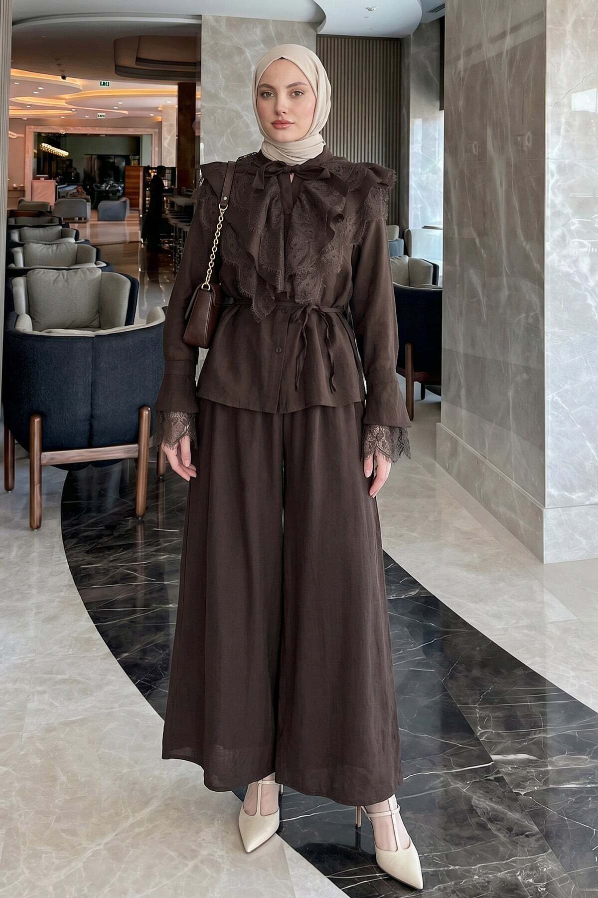 Salih Çelebi Lace Detailed Premium Suit 5325 - Aci Brown