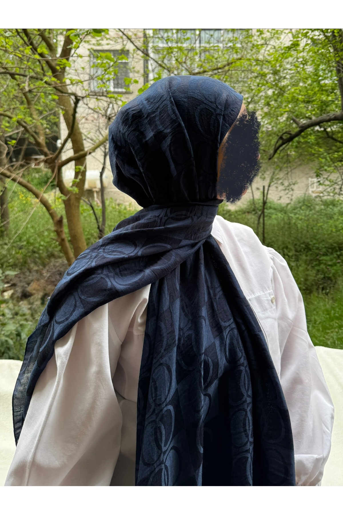 Hijab Cotton Soft Textured Big Loop Pattern Jacquard Shawl Navy Blue