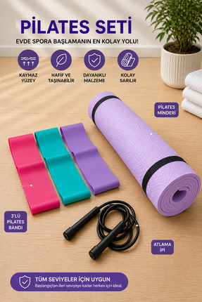 Yukon 3 Parça Evde Pilates Seti Pilates Minderi Pilates Lastiği Atlama İpi