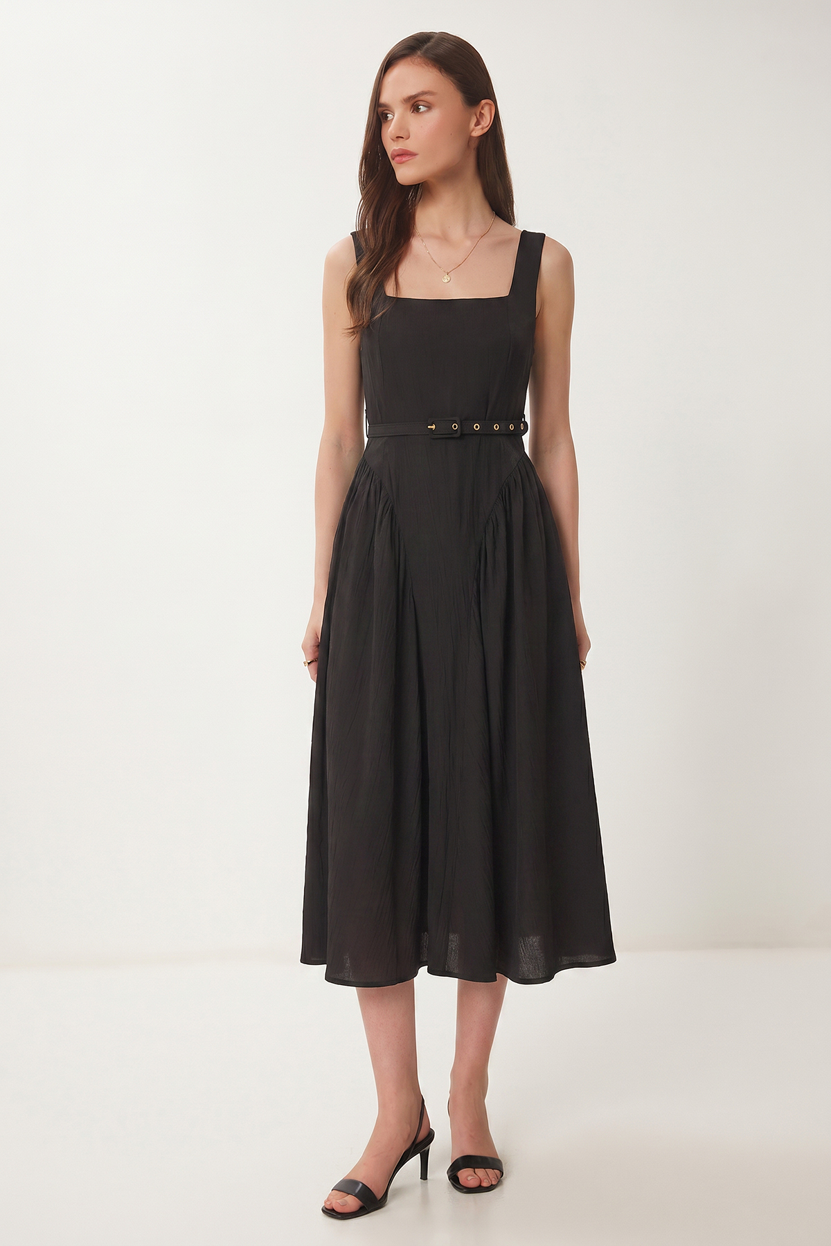Textured Belted Summer Midi Dress LUB0352 BLACK
