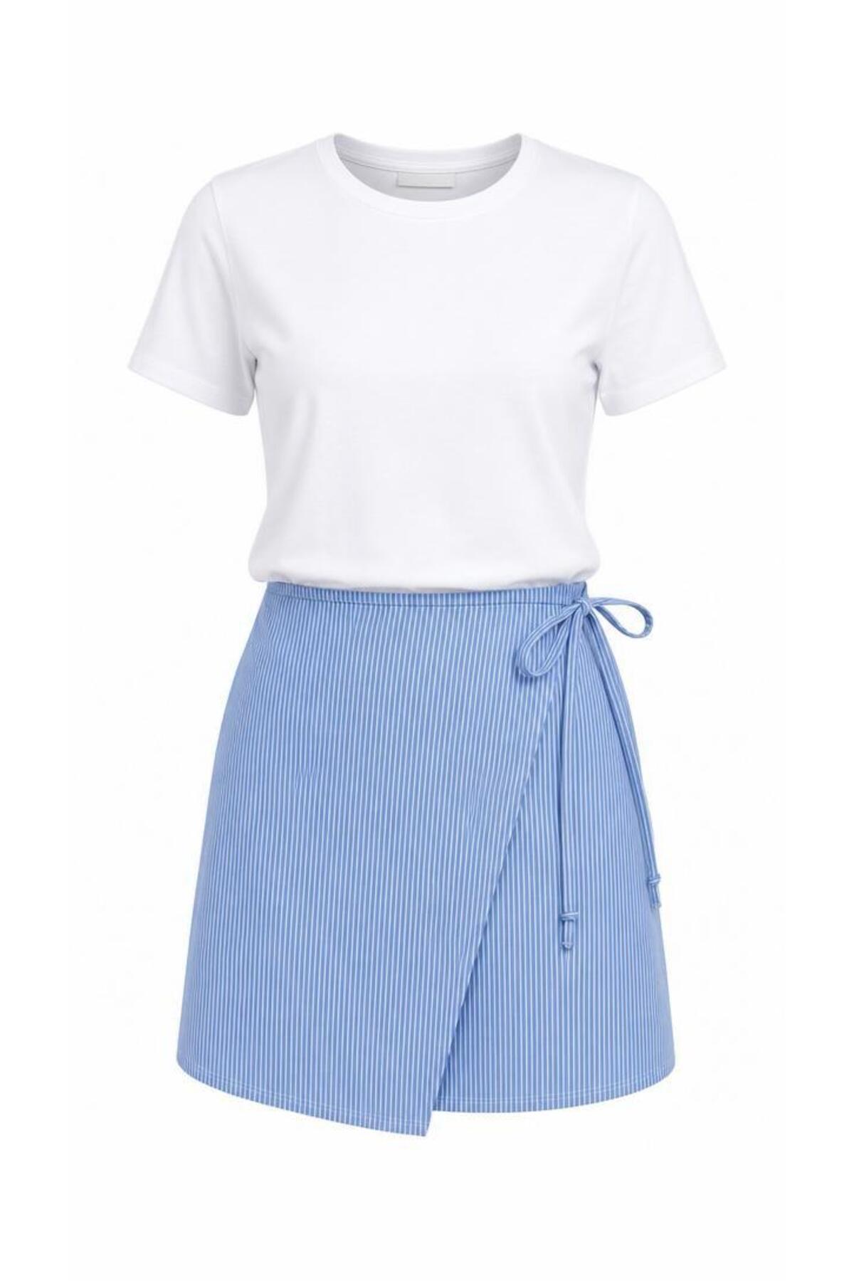 Women's Blue Striped High Waist Zip Fastening Detailed Asymmetrical Skirt