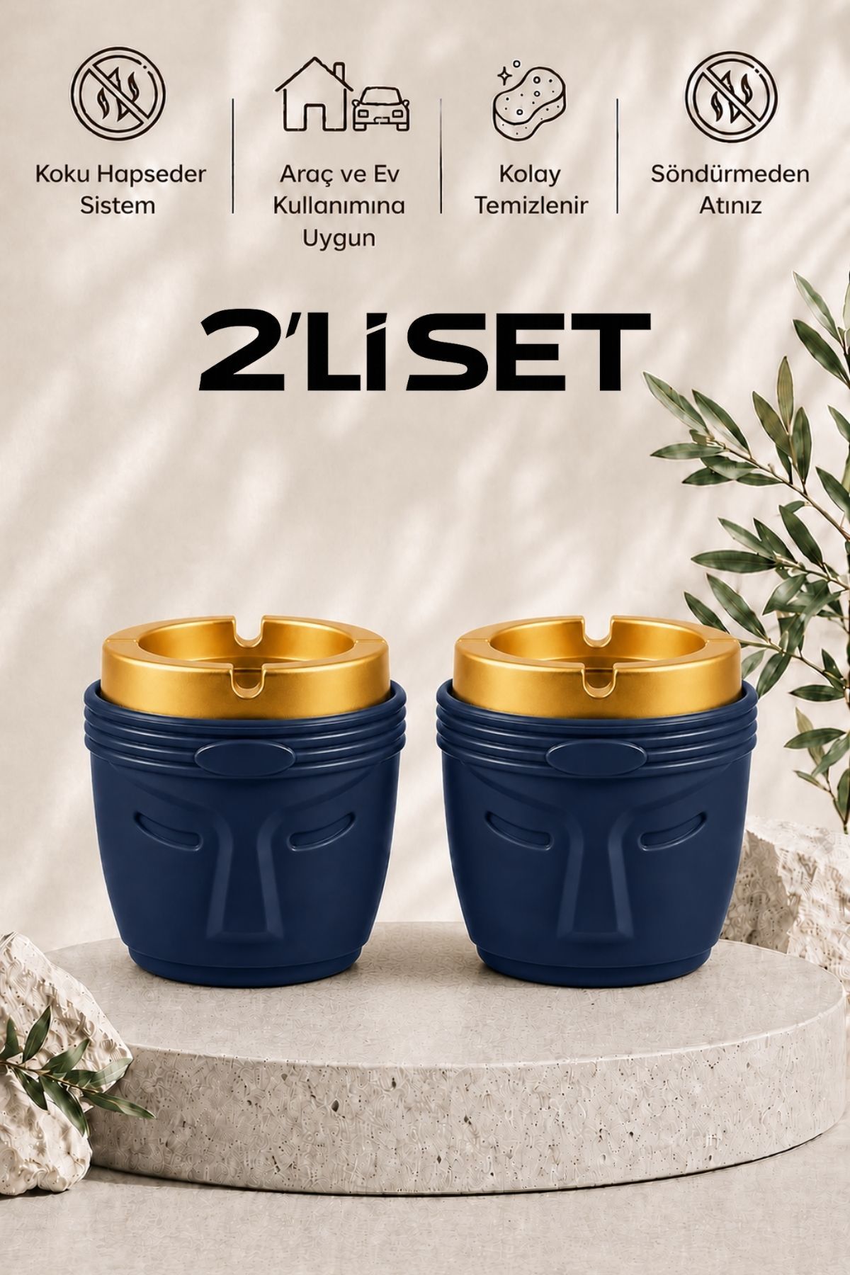 Decorative Moai Design 2 Pcs Ashtray Set | Anti-Wind | Deep Chamber | Plastic Ashtray