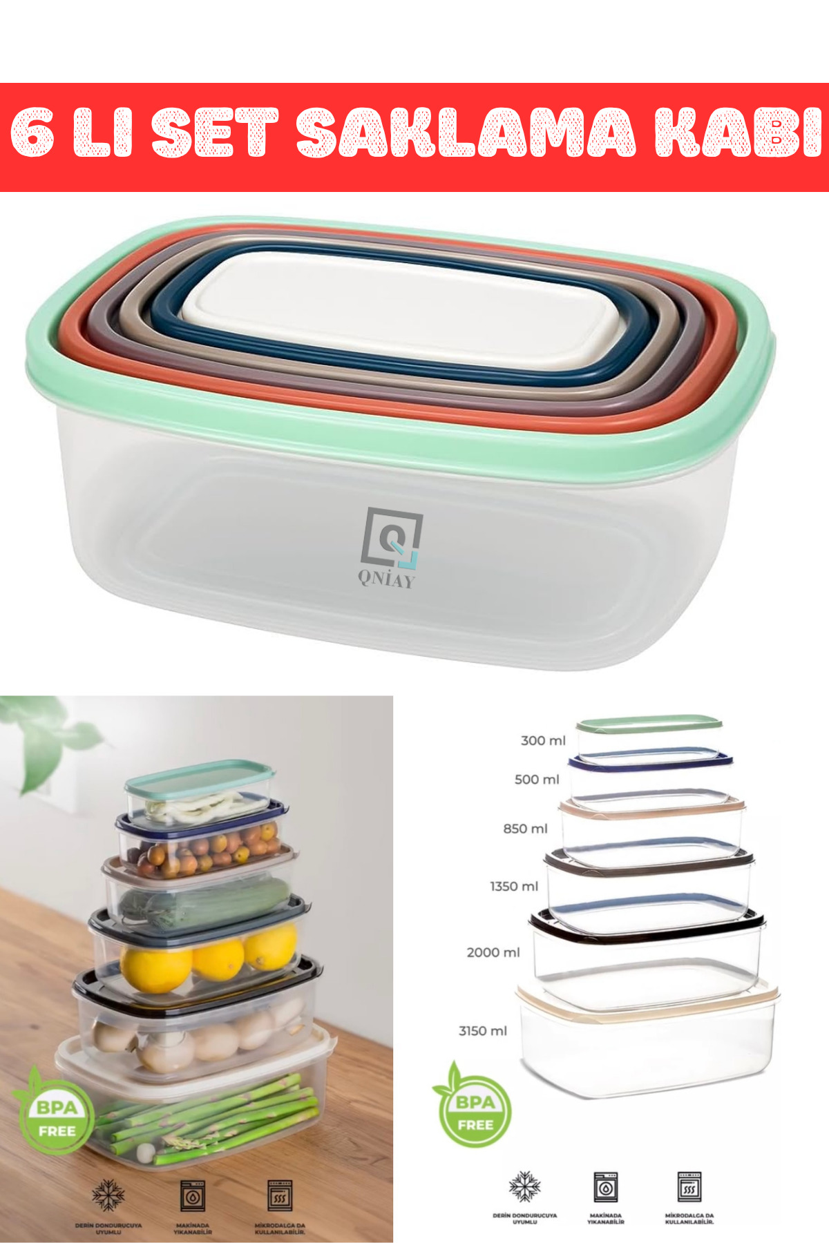 QNİAY Saklama Kabı 6'lı Set 300m 500ml 850ml 1350ml 2000ml 3150ml