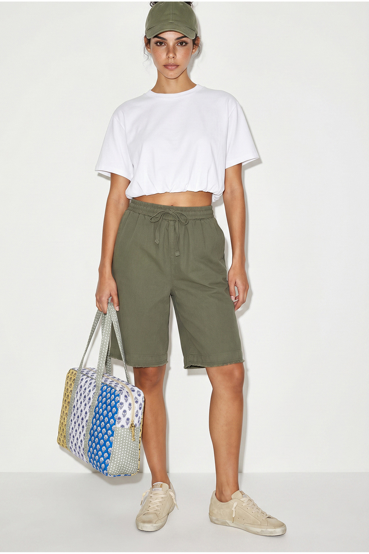 Women's Elastic Waist Tie Pocket Detailed Cotton Linen Shorts YP5326 60286281
