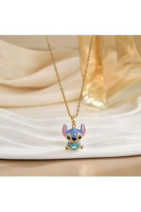 FİAK Stitch Figürlü Zirkon Taşlı 18 Ayar Altın Kaplama Bakır Kolye Şık Hediye...