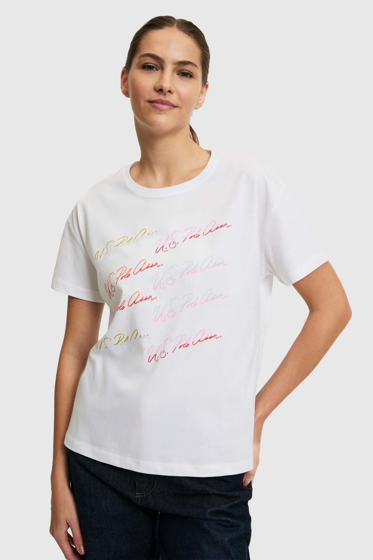U.S. Polo Assn. Tricou alb cu gât rotund pentru femei 50323561-VR013