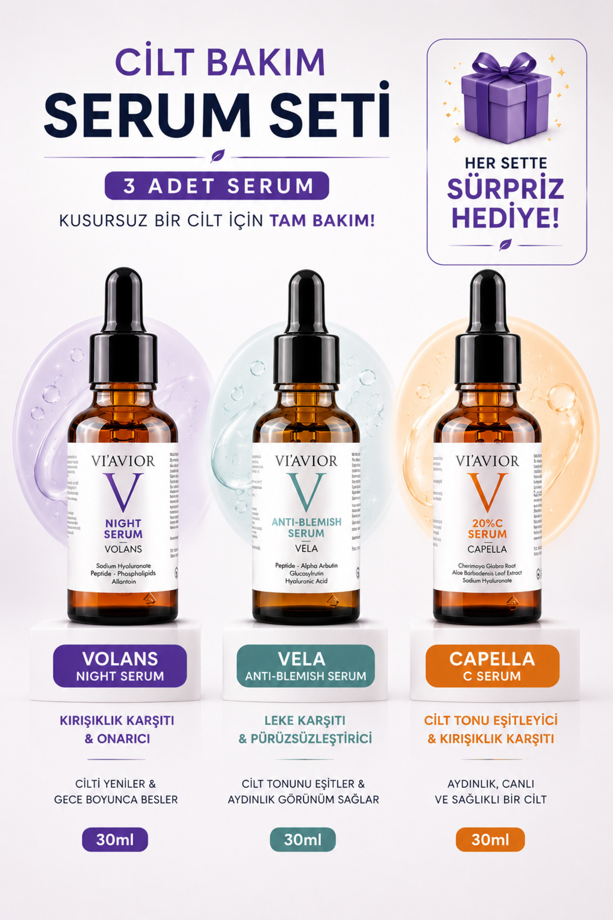 VİAVİOR KOZMETİK ست مراقبت از پوست سرم ۳ تکه شامل سرم شب ویتامین C کاپلا، سرم ضد لک (شامل هدیه) روشن کننده وگان روشن کننده پوست عصرانه ضد لک ۳۰ میلی لیتری Viavior — 100000812