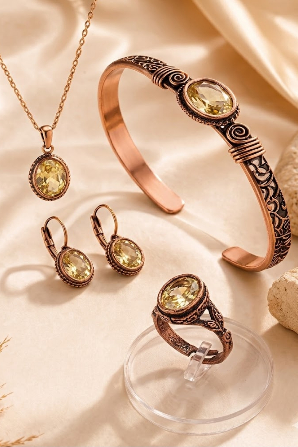 Women's Yellow Citrine Natural Stone Copper Bracelet Necklace Ring Earrings Copper Set