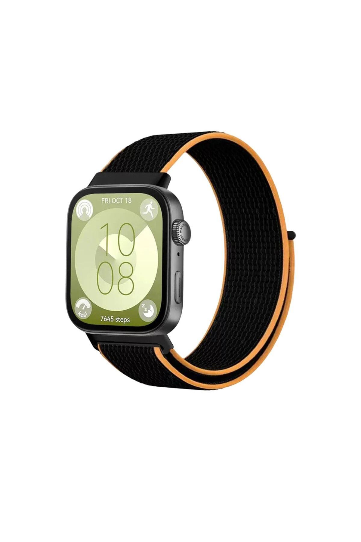 Huawei Fit 4 Hasırlı Cırtcırtlı Kordon (saat Değildir) - Siyah-turuncu