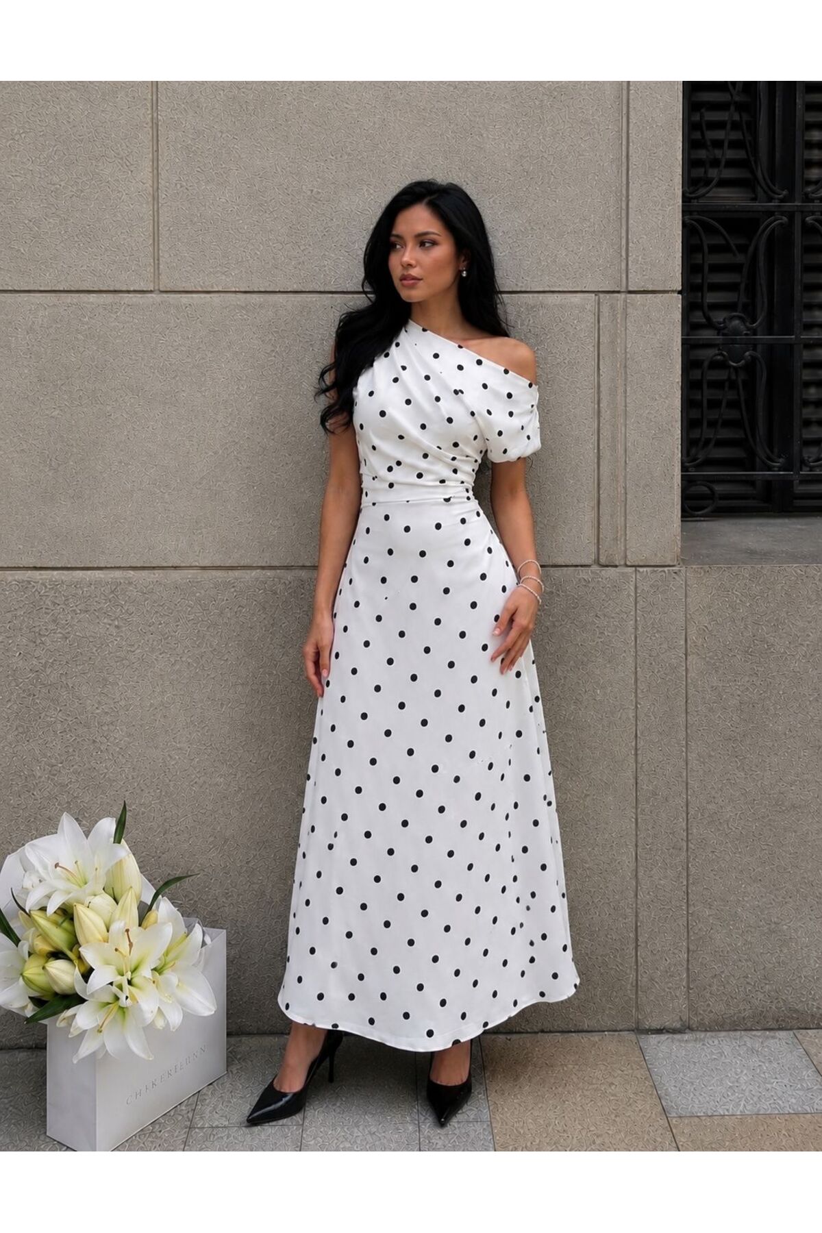 Lirviya Polka Dot Boat Neck Draped Dress