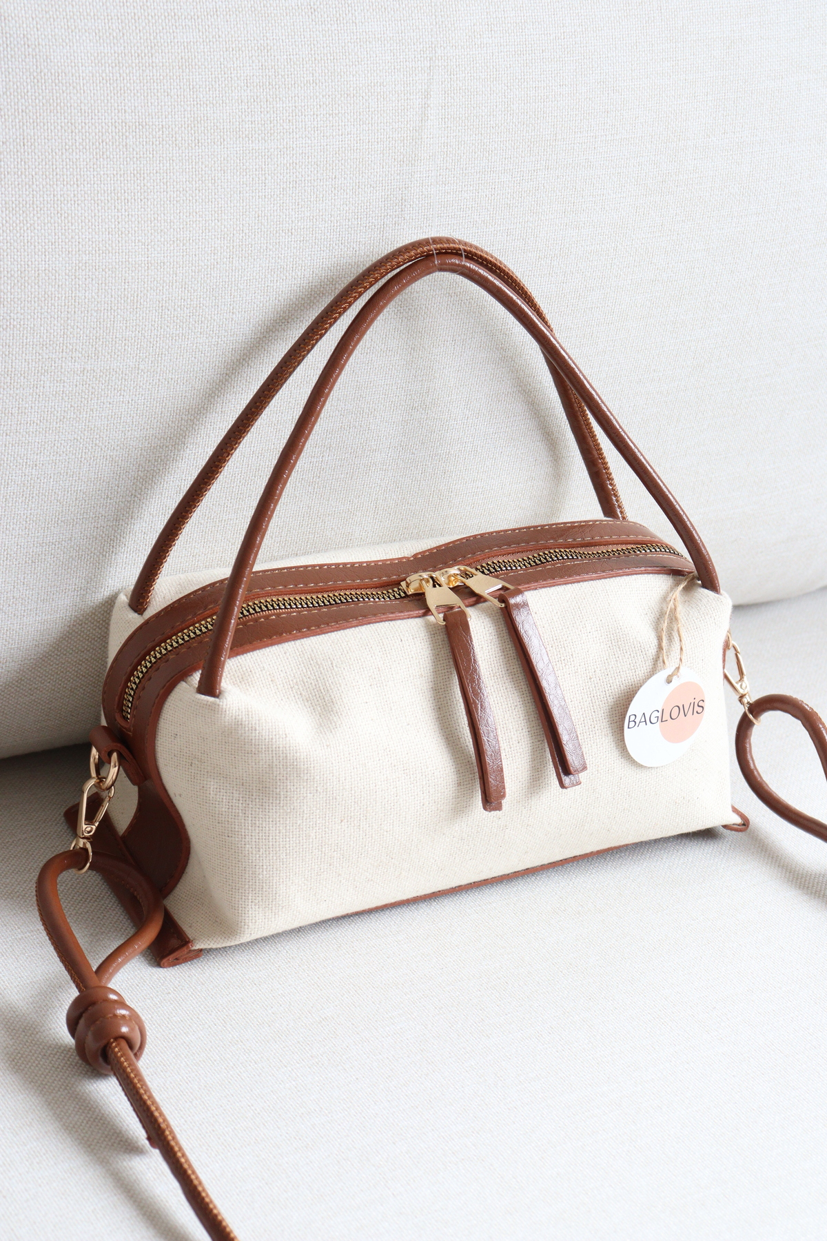 Women Canvas Handbag Linen Fabric Leather Detailed Stylish Casual Shoulder Bag En24 Size14