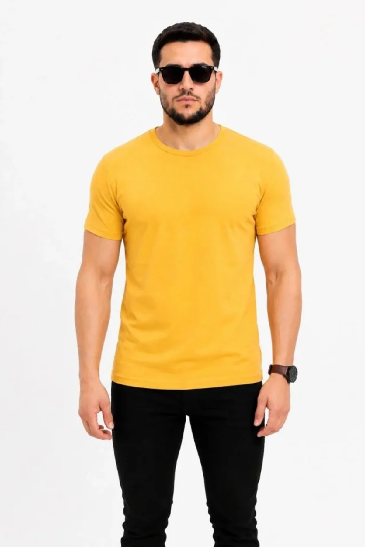 Erkek Basic Tişört Bisiklet Yaka Kısa Kol Günlük Yazlık Slim Fit T-Shirt - Sarı alternatif görünüm